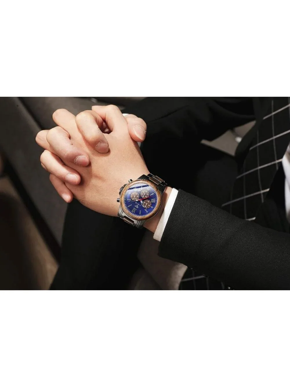Men's Black Blue Stainless Steel Chronograph Quartz Multifunctional Wooden Watch